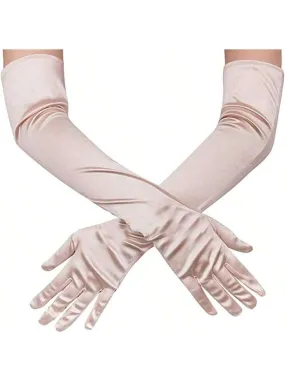 1 Pair Bridal Satin Long Gloves For Women, Solid Color With Elastic Decoration, Perfect For Dance Party Wedding