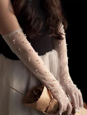 1 Pair White Faux Pearl Decor Elbow Length Bridal Gloves For Wedding