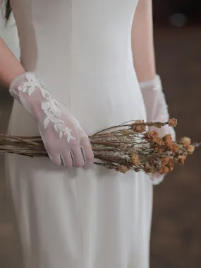 1pair Faux Pearl Decor Bridal Wedding Party Gloves With Veils, Embroidered Lace Flower Applique
