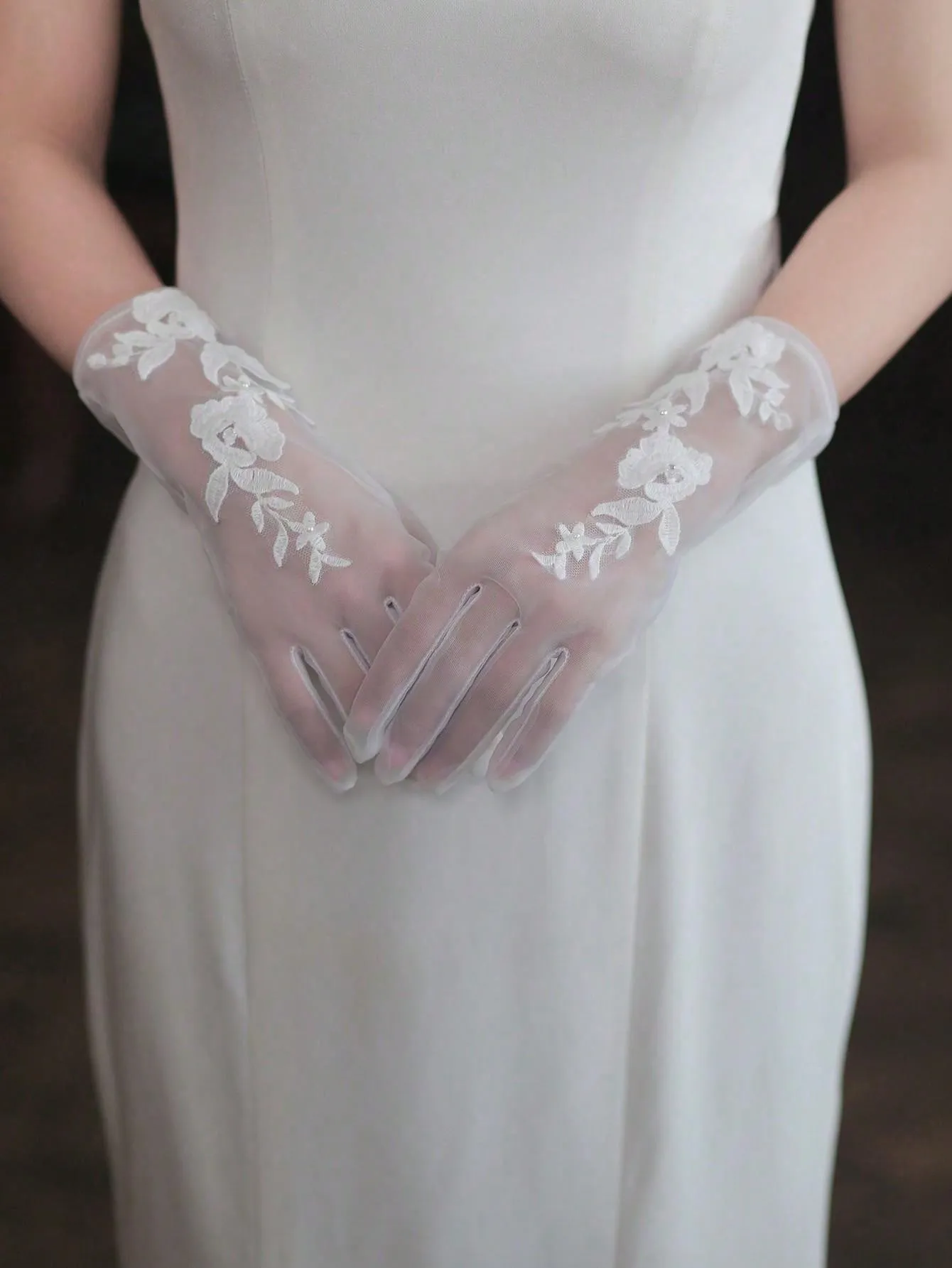1pair Faux Pearl Decor Bridal Wedding Party Gloves With Veils, Embroidered Lace Flower Applique