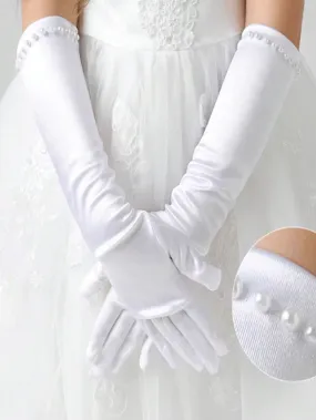 1pc Children Satin Spandex Gloves For Girls, Perfect For Stage Performance, Wedding And Bridal Party, Adorned With Pearl Beads And Fingers