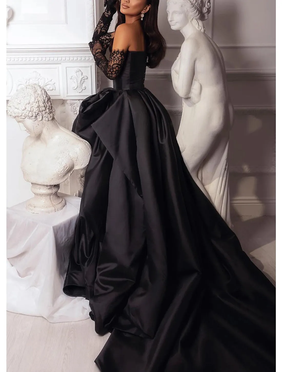 A-Line Evening Gown Black Dress Plus Size Dress Carnival Masquerade Court Train Sleeveless Strapless Wednesday Addams Family Satin with Slit Without Gloves