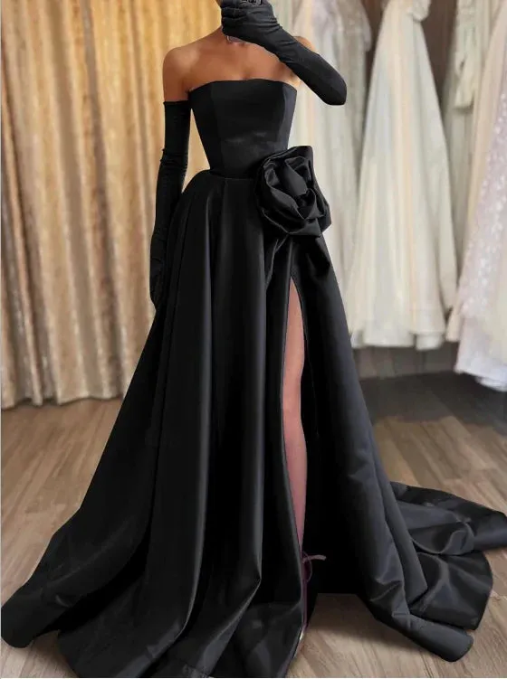 A-Line Evening Gown Elegant Formal Floor Length Sleeveless Strapless Satin with Appliques And Slit Without Gloves