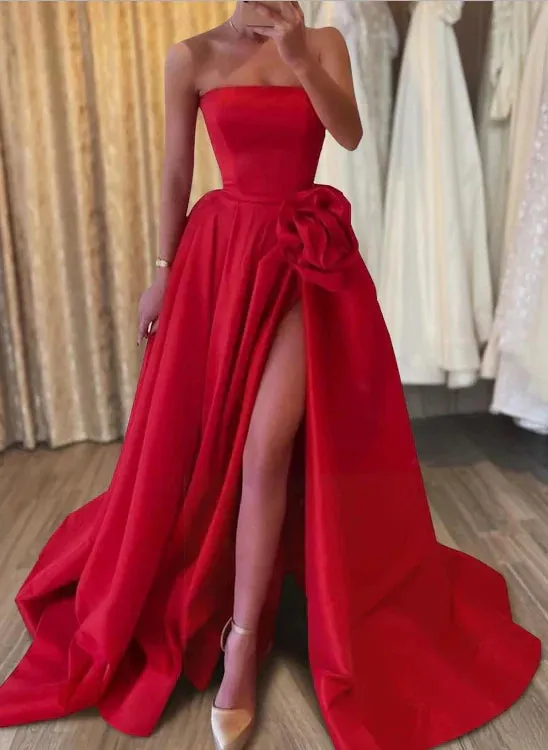 A-Line Evening Gown Elegant Formal Floor Length Sleeveless Strapless Satin with Appliques And Slit Without Gloves