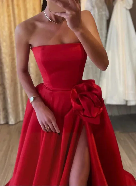 A-Line Evening Gown Elegant Formal Floor Length Sleeveless Strapless Satin with Appliques And Slit Without Gloves