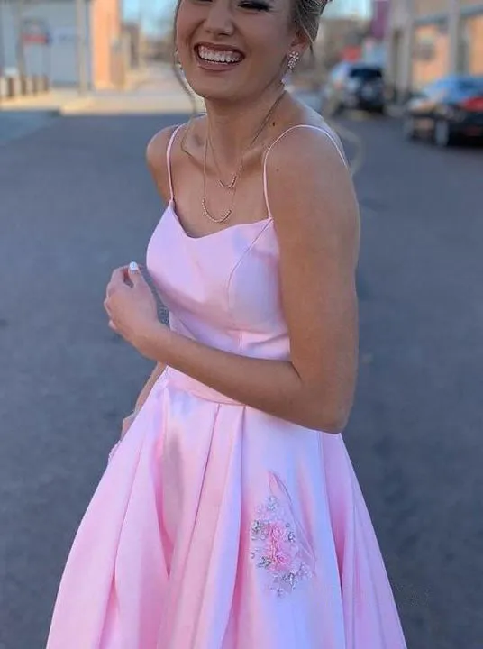 A-line Pink Spaghetti Straps Satin Long Prom Dress Evening dress