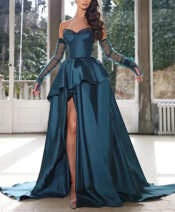 A-Line Strapless Half Sleeves Floor-length Long Formal Evening Dresses With Split Side Without Gloves