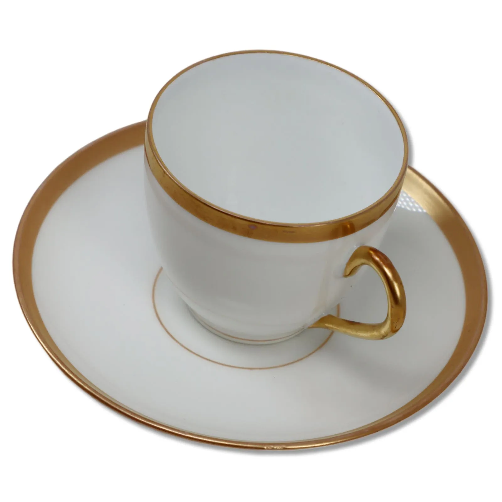 B & Co Bernardaud Limoges Demitasse Tea Cup Saucer Set Gold Rimmed Circa 1900