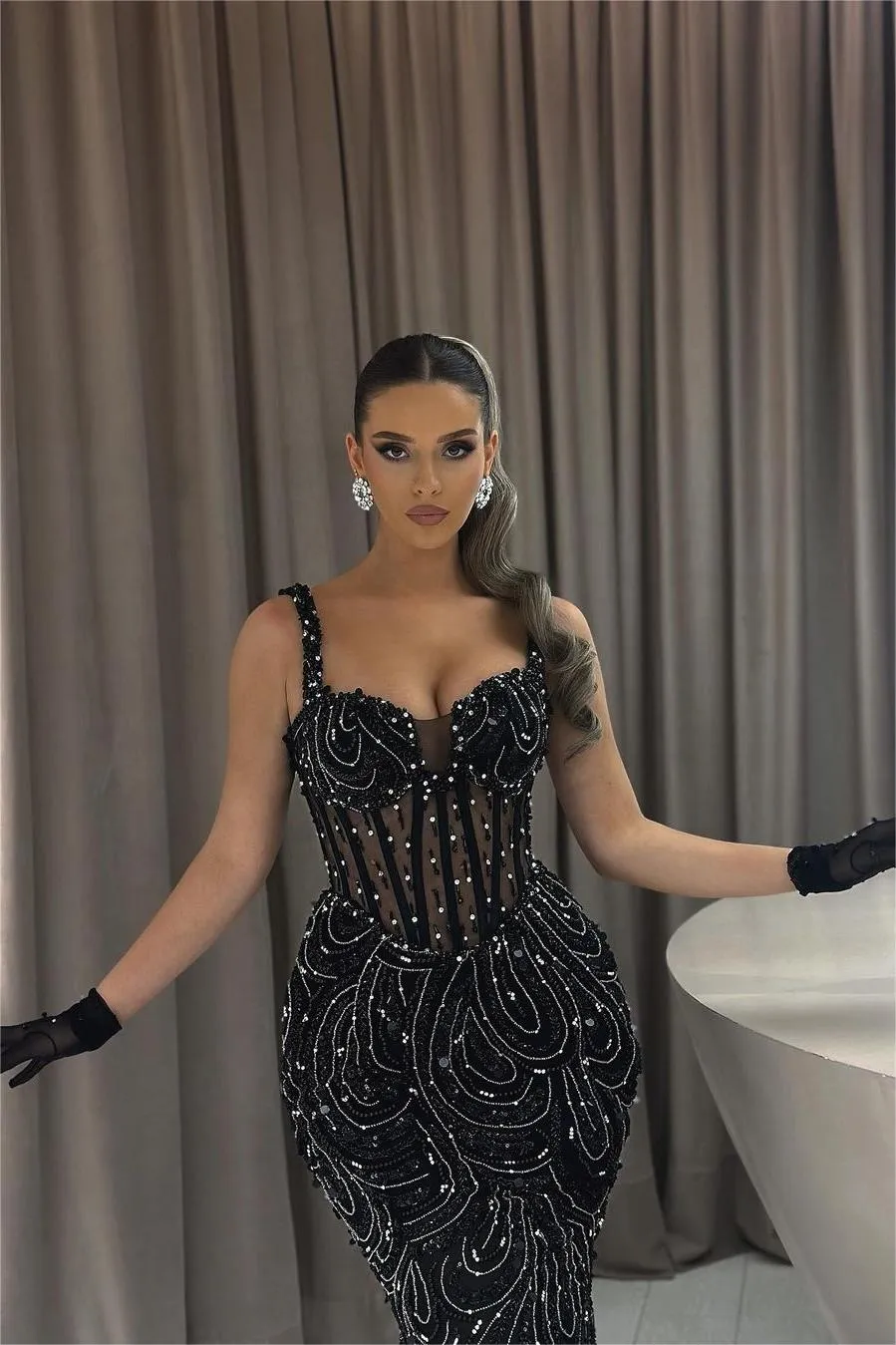 Ballbellas Exquisite Black Spaghetti Strap Sleeveless Mermaid Beaded Long Evening Dress with Gloves