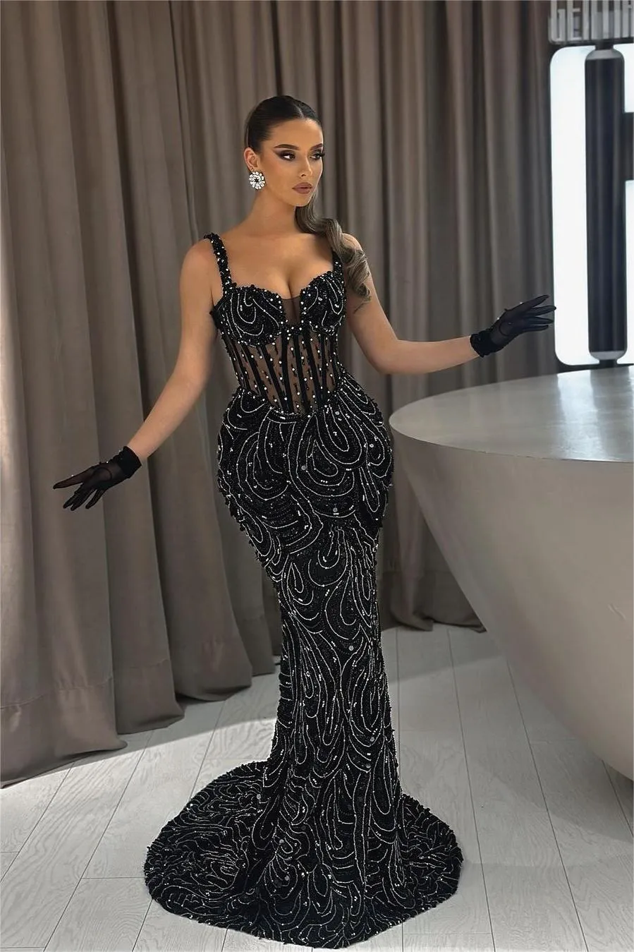 Ballbellas Exquisite Black Spaghetti Strap Sleeveless Mermaid Beaded Long Evening Dress with Gloves