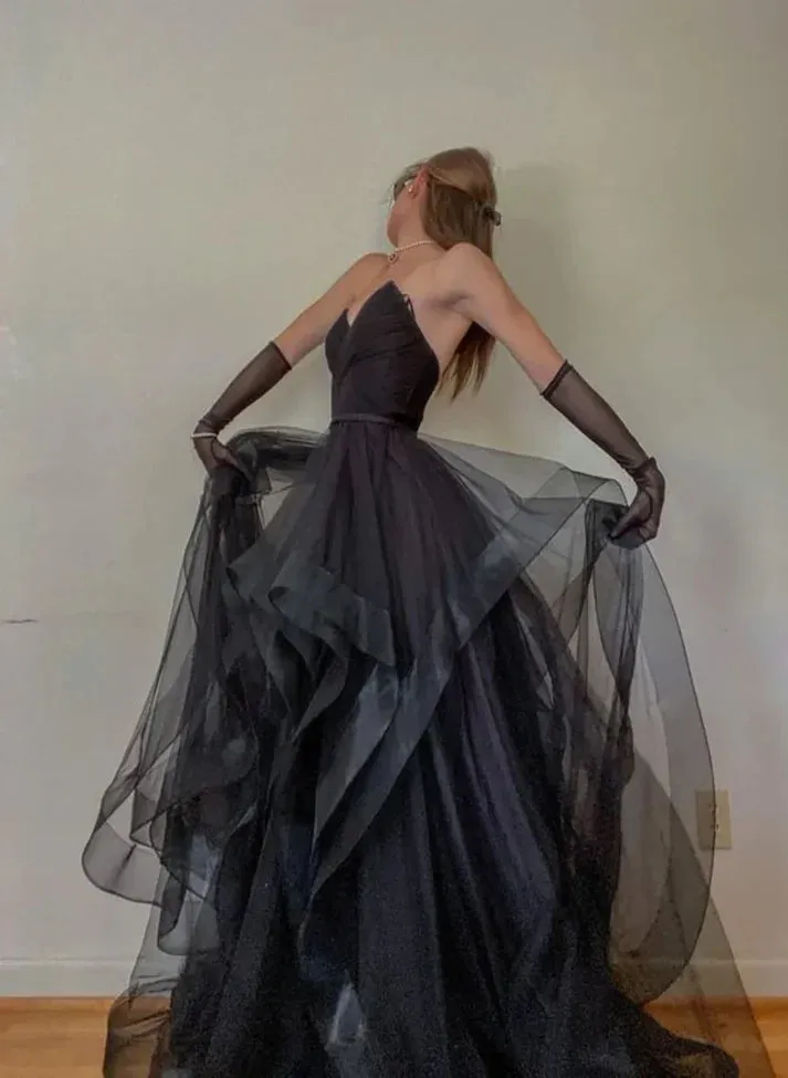 Black A-Line Tulle Layers Sweetheart Long Prom Dress Evening Gown No With Gloves