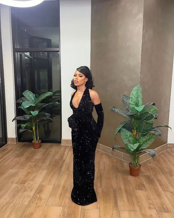 Black Mermaid Long Prom Dress Fashion Sparkly Evening Dress Sexy Party Dress No With Gloves