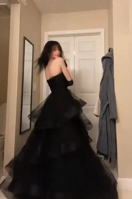 Black Strapless A-Line Tulle Layered Long Party Dress Evening Gown Prom Dress No With Gloves
