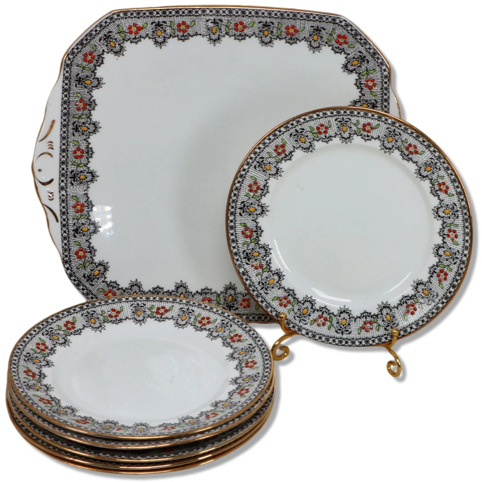 Celebrate 7pc  Bon Bon Plate and 6 Dessert Plate Set Black Lace band Vintage