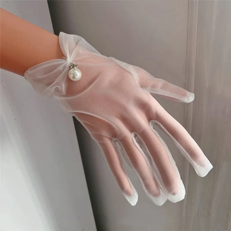 Chiffon Wedding Gloves White Short Bow Pearl Finger Women Bridal Gloves Wedding Party Accessories