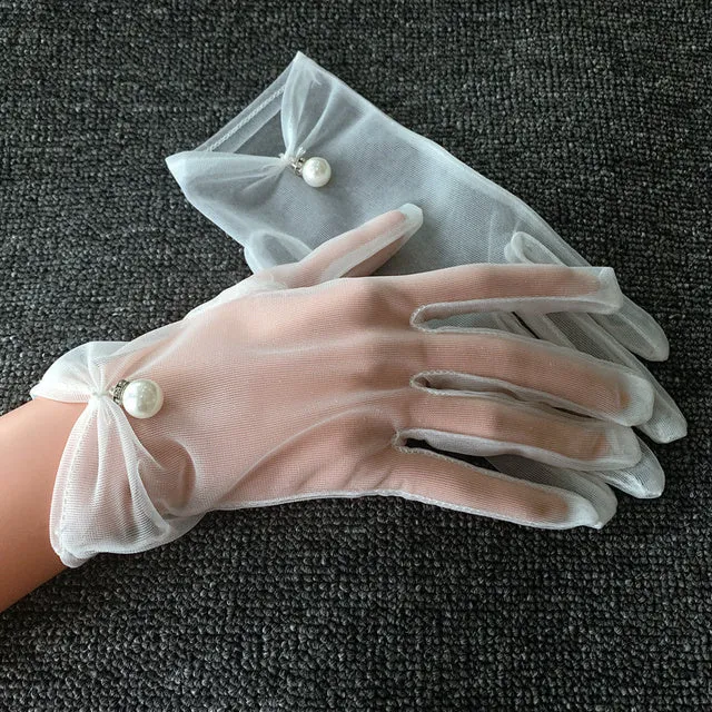Chiffon Wedding Gloves White Short Bow Pearl Finger Women Bridal Gloves Wedding Party Accessories