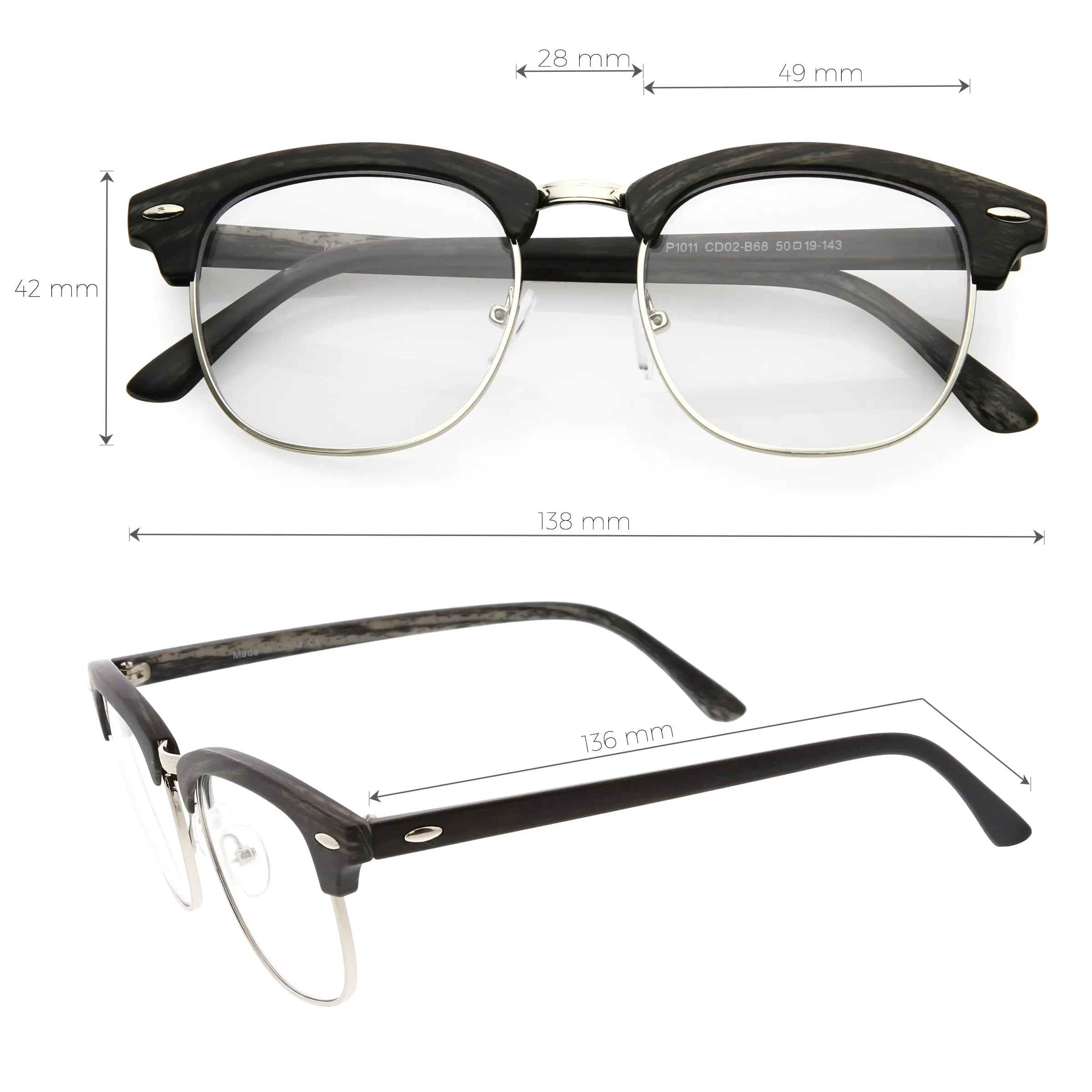 Classic Dapper Half Frame Horned Rim Clear Lens Glasses C846