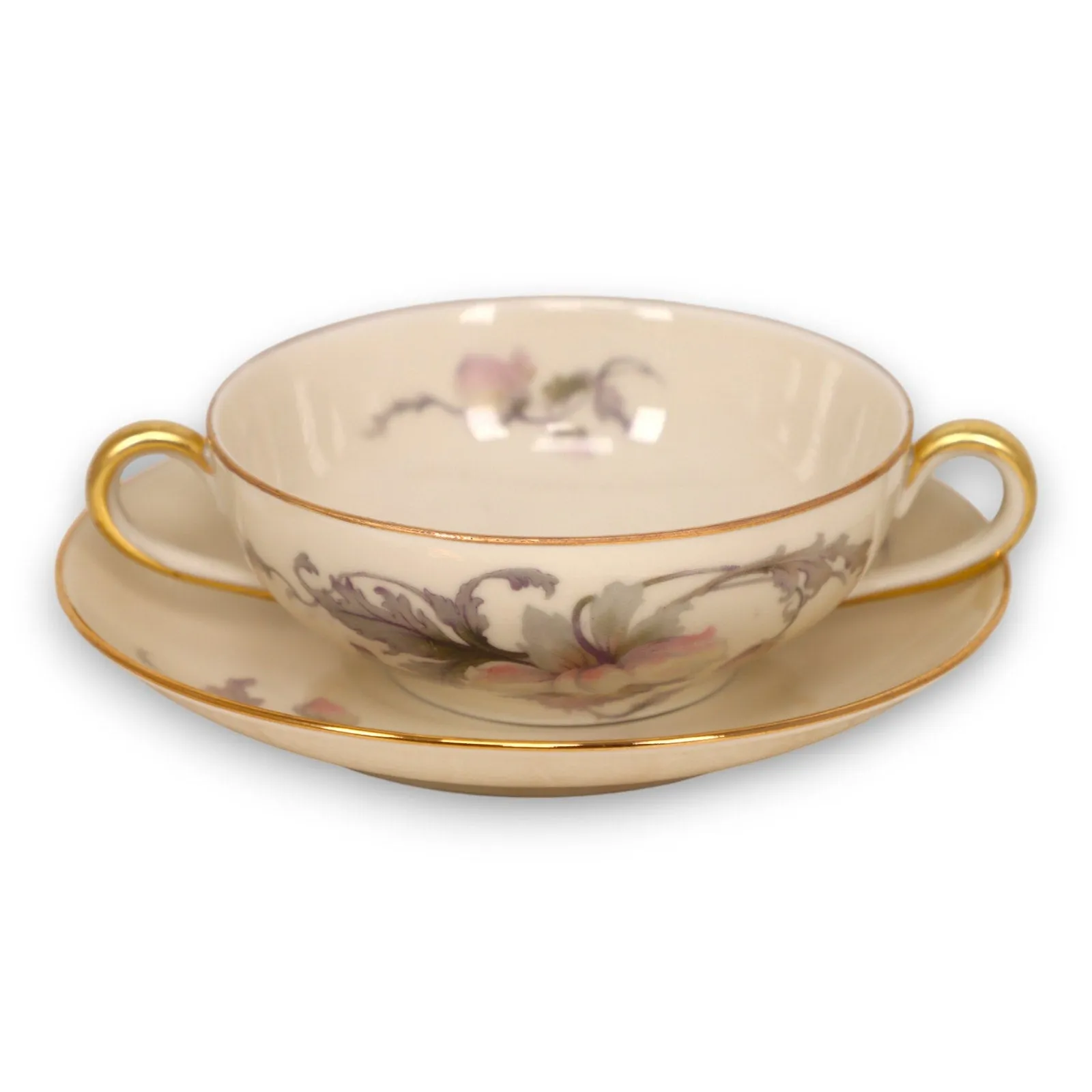 Epiag Pastelle 6038 Cream Bouillon Bowl Saucer Smooth Gold Rim China Vintage
