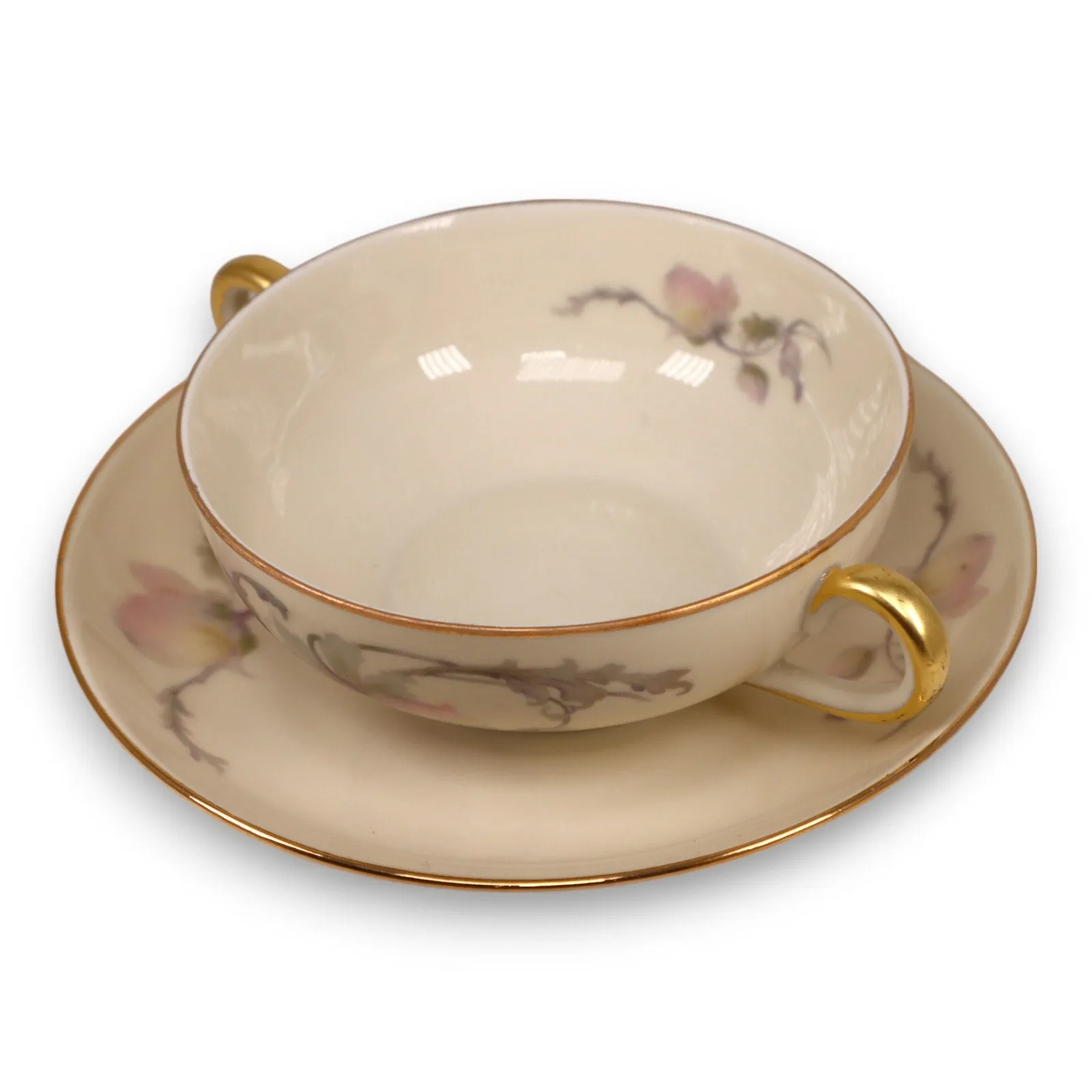 Epiag Pastelle 6038 Cream Bouillon Bowl Saucer Smooth Gold Rim China Vintage