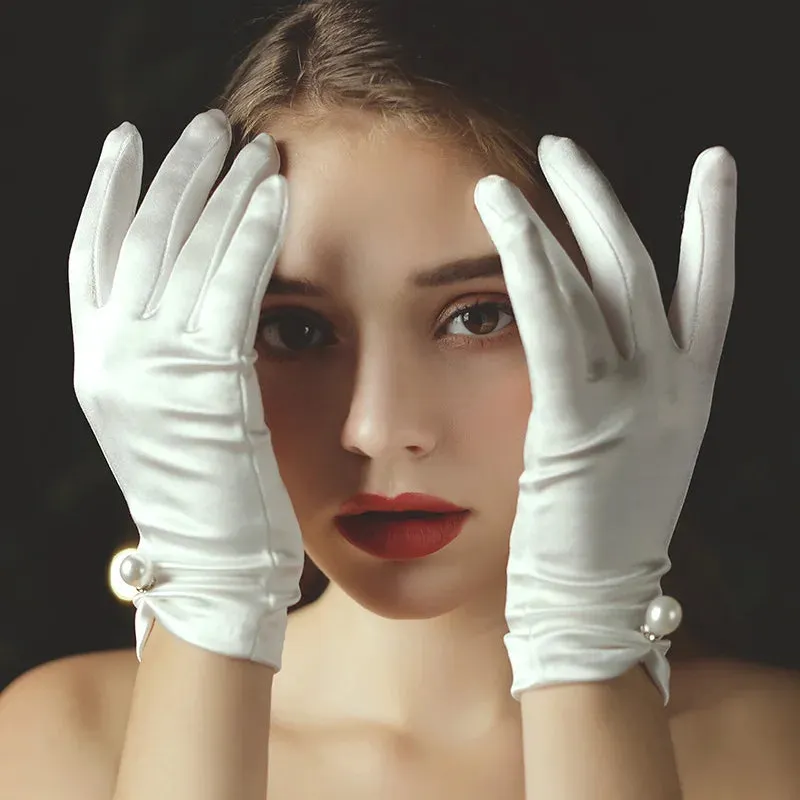 Flytonn-Pearl Wedding Gloves Elegant Vintage Bridal Wedding Dress White Short Gloves