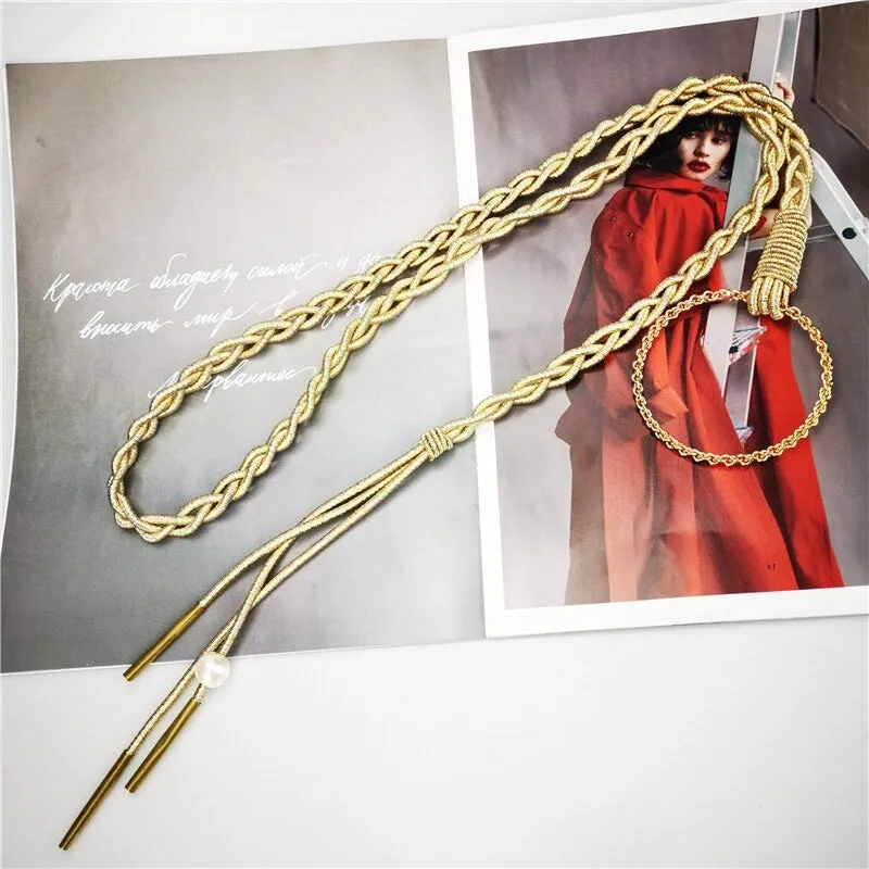 Gold Cord Womens Fashion Belt with Braided Design and Faux Pearl Accents