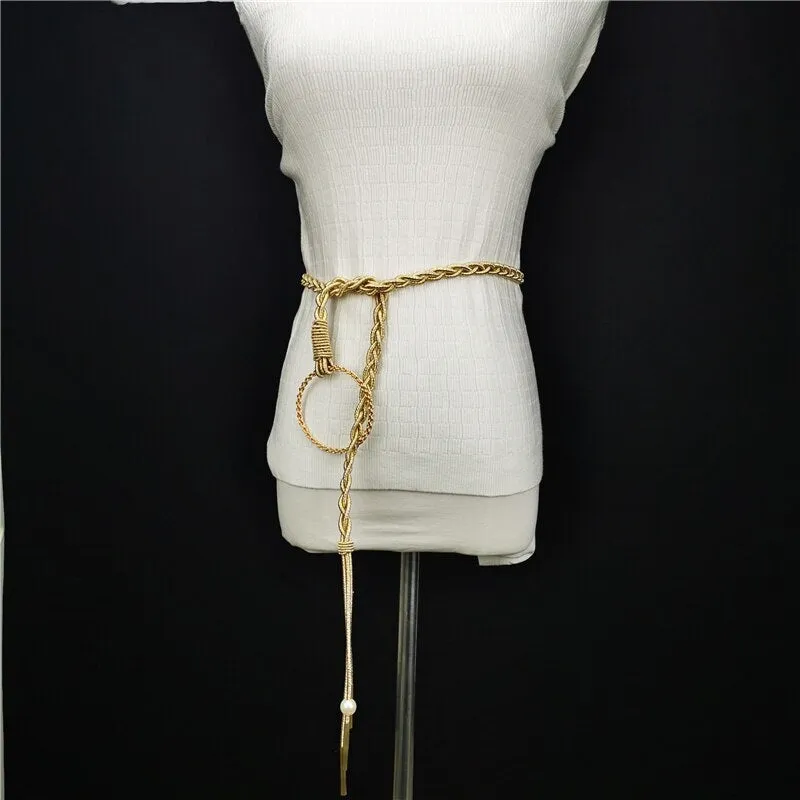 Gold Cord Womens Fashion Belt with Braided Design and Faux Pearl Accents