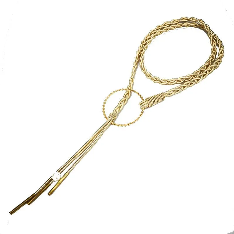 Gold Cord Womens Fashion Belt with Braided Design and Faux Pearl Accents