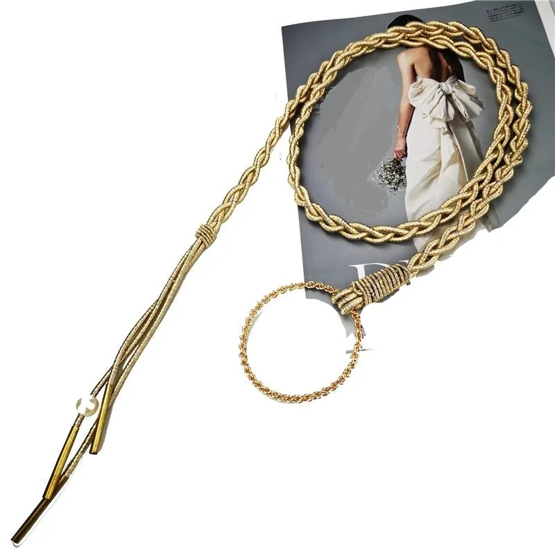 Gold Cord Womens Fashion Belt with Braided Design and Faux Pearl Accents