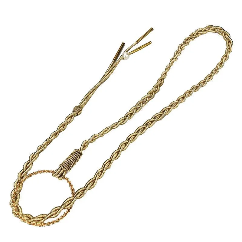 Gold Cord Womens Fashion Belt with Braided Design and Faux Pearl Accents