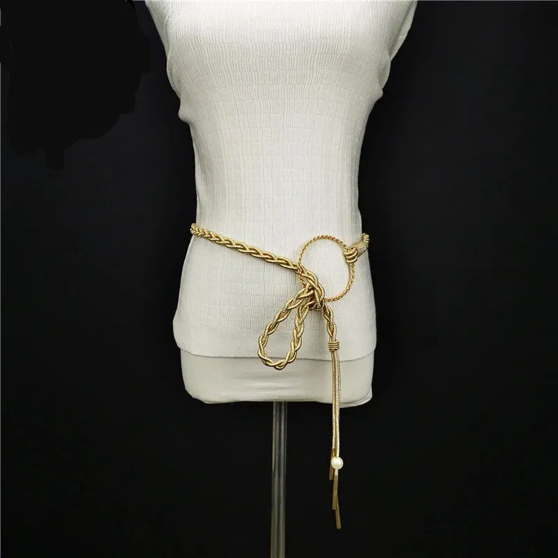 Gold Cord Womens Fashion Belt with Braided Design and Faux Pearl Accents