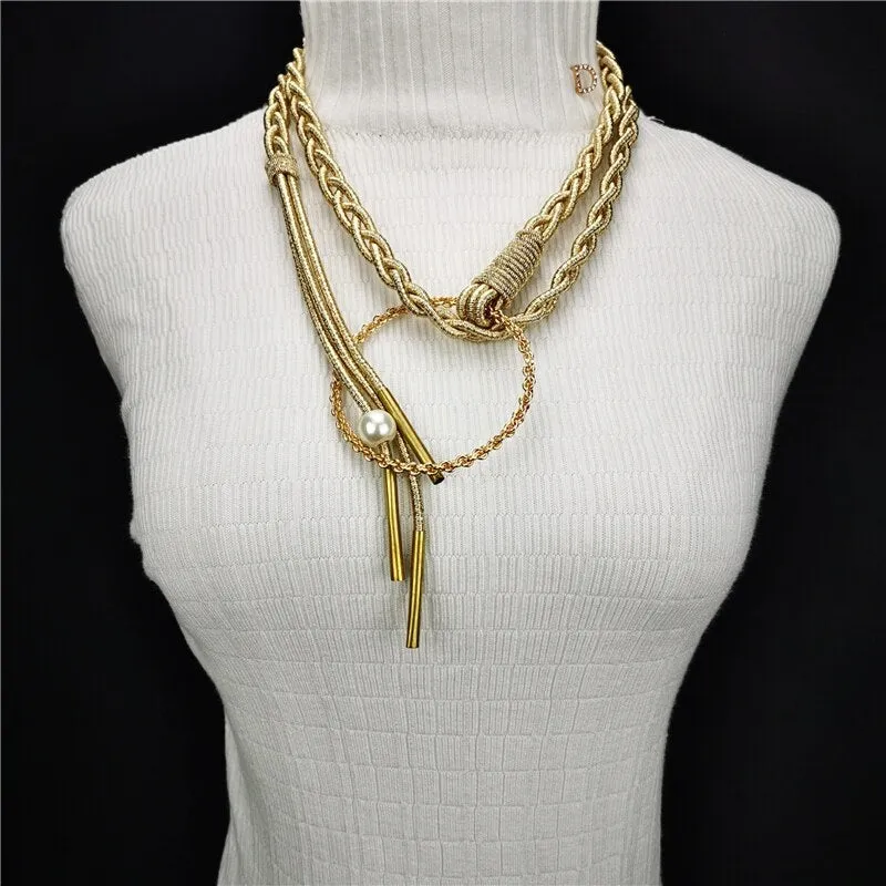 Gold Cord Womens Fashion Belt with Braided Design and Faux Pearl Accents