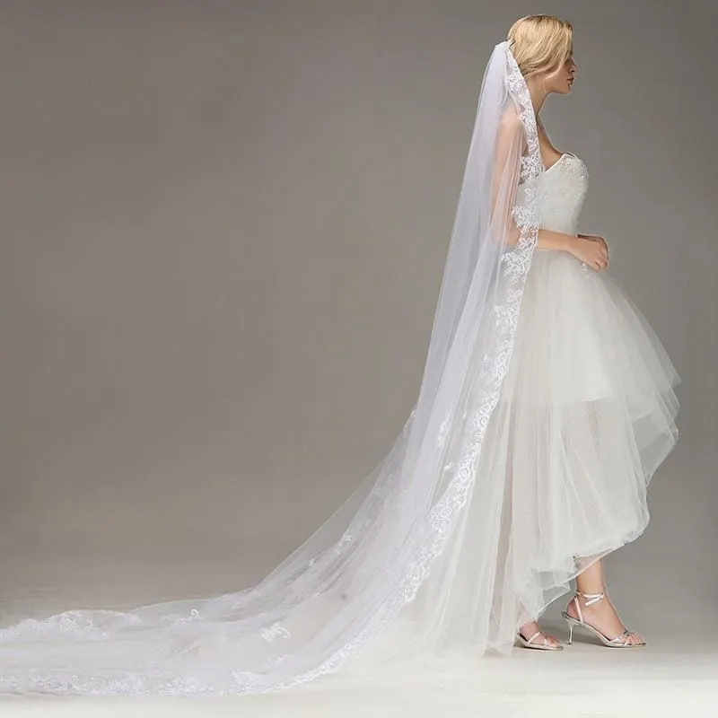 Lace Edge Ivory Appliques One Layer Wedding Veils | Bridelily