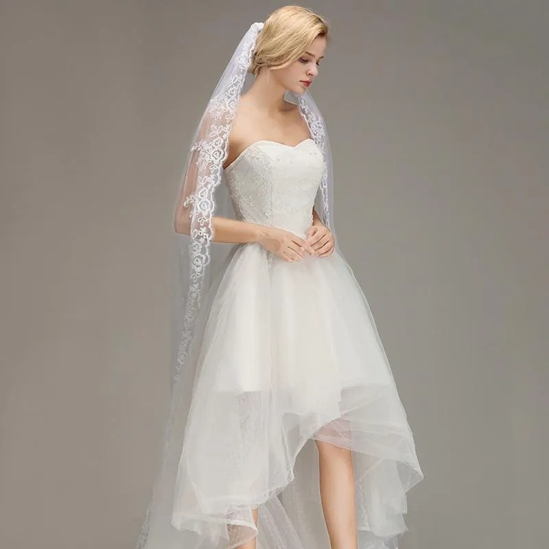 Lace Edge Ivory Appliques One Layer Wedding Veils | Bridelily