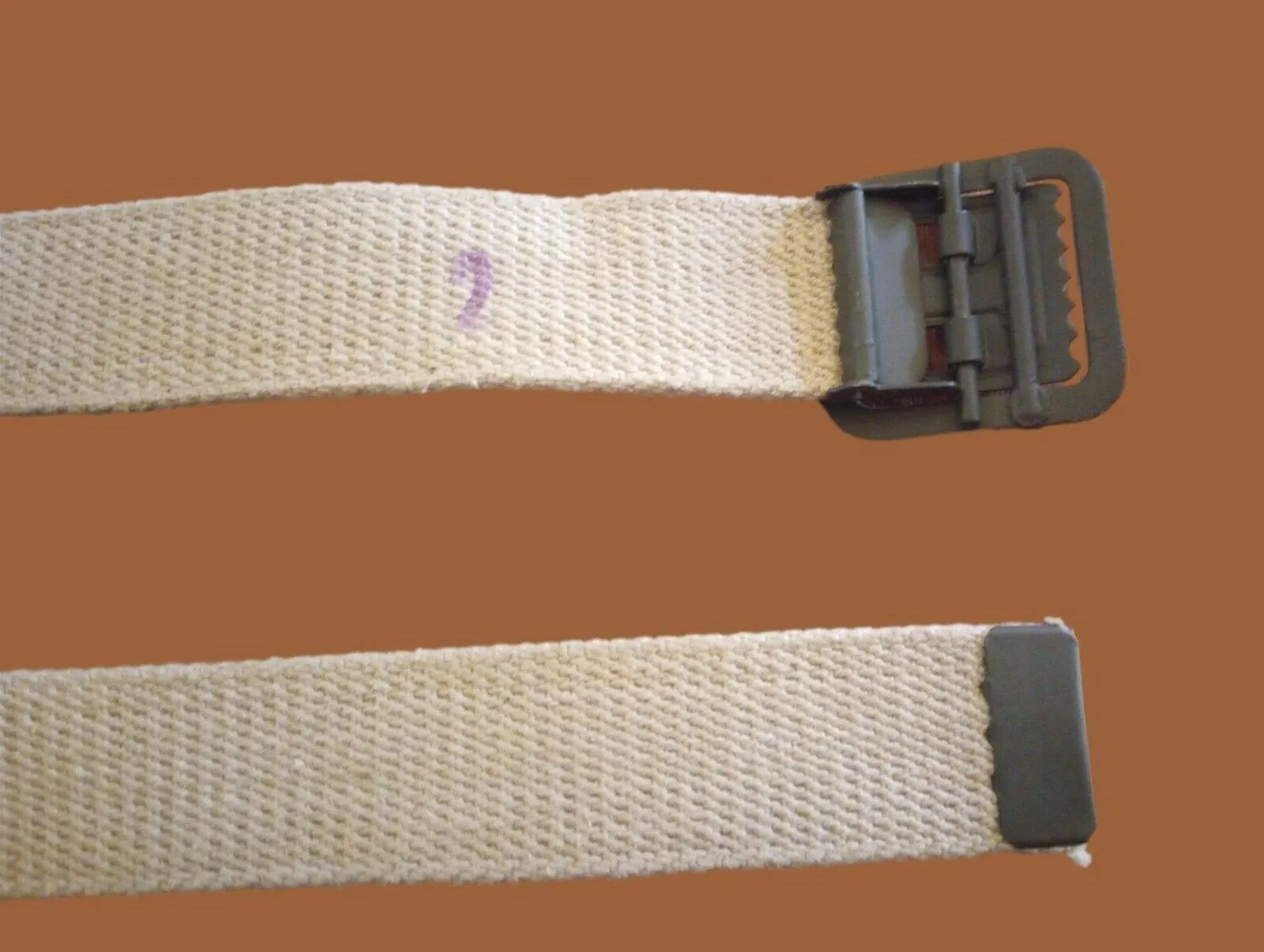 MILITARY ISSUE FRENCH ARMY KHAKI WEB BELT WITH OPEN FACE BUCKLE SMALL ORIGINAL