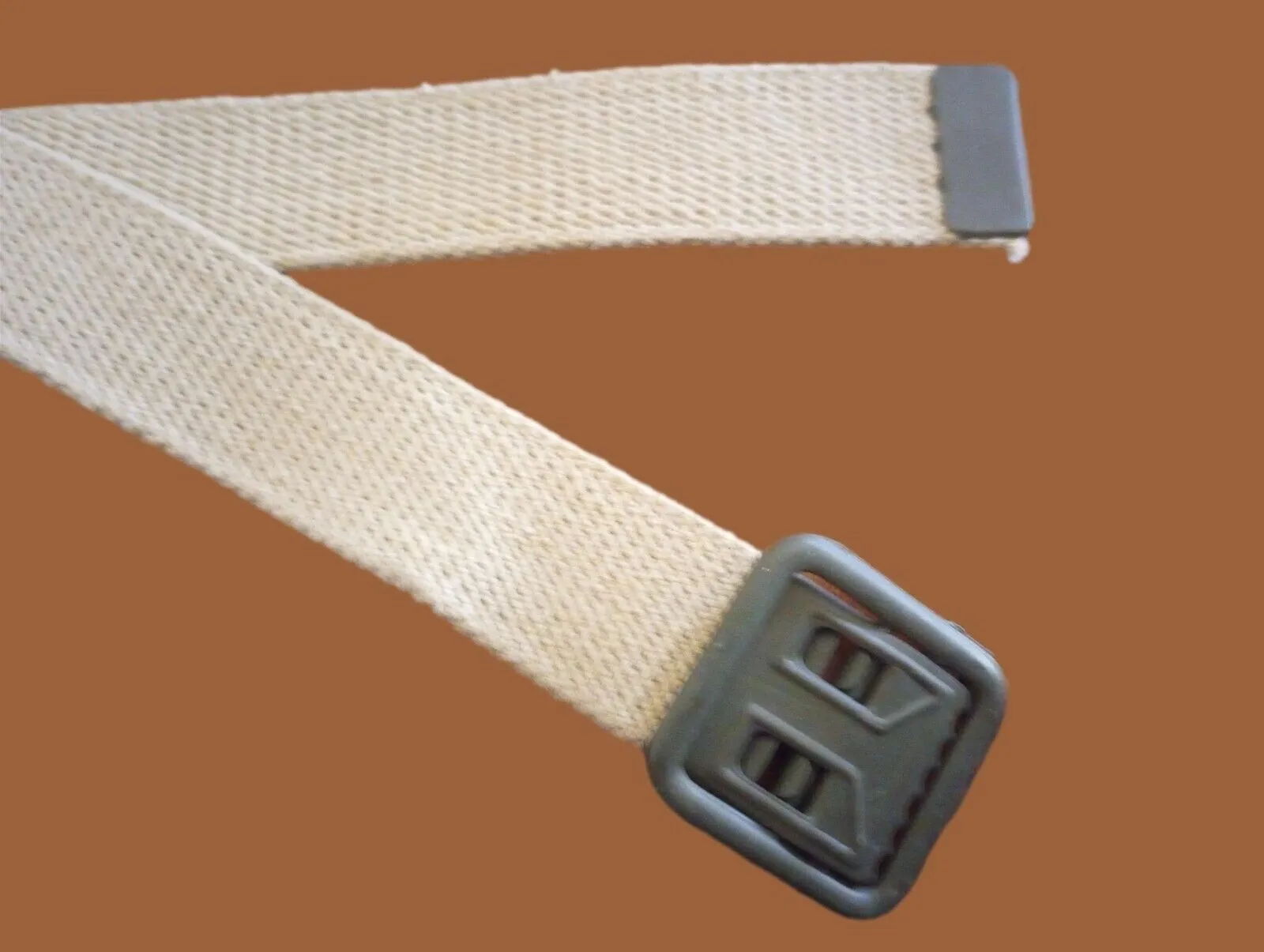 MILITARY ISSUE FRENCH ARMY KHAKI WEB BELT WITH OPEN FACE BUCKLE SMALL ORIGINAL