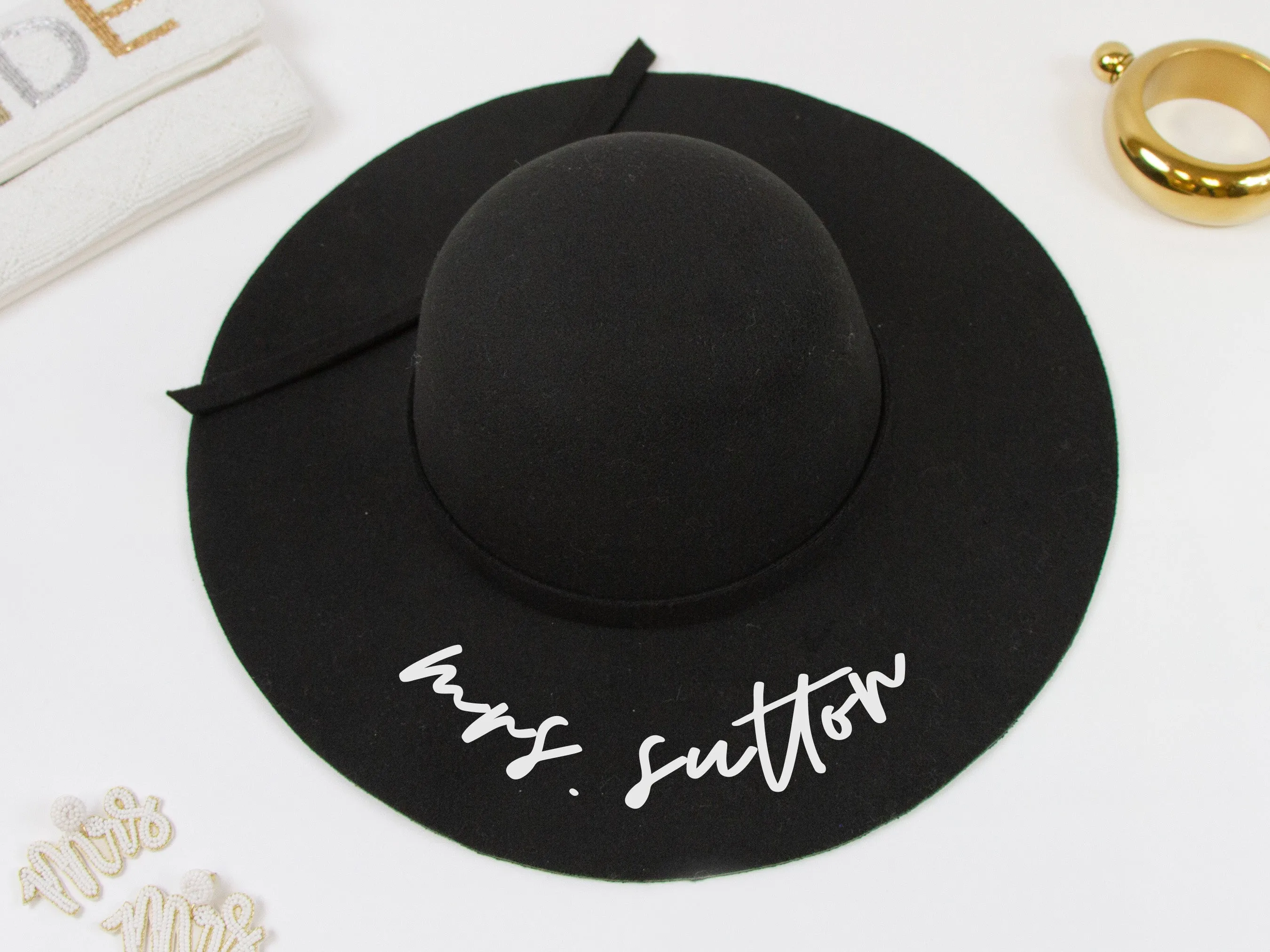 Personalized Mrs Black Felt Floppy Bridal Hat Beach Hat