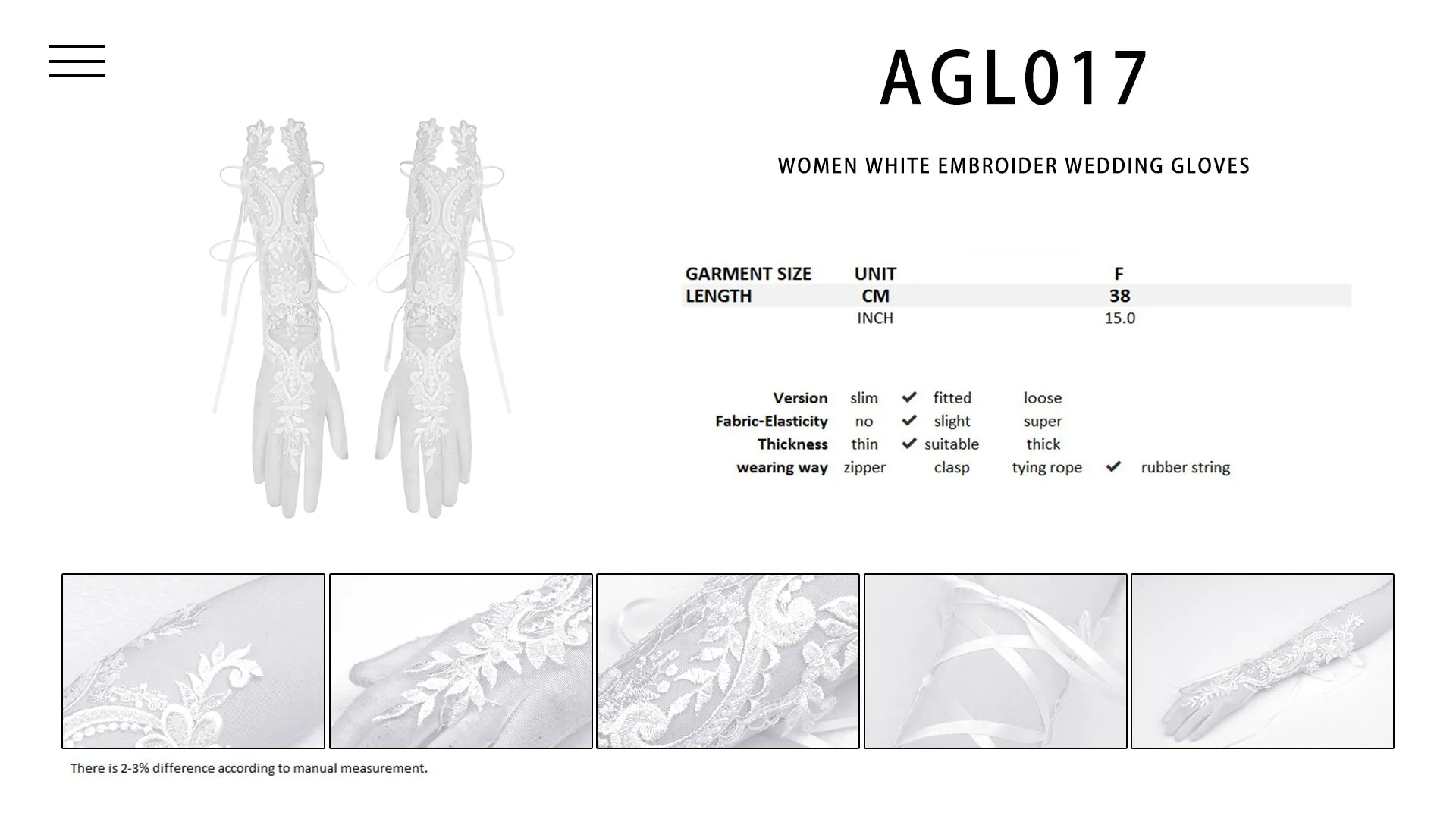 Women white embroider wedding gloves AGL017